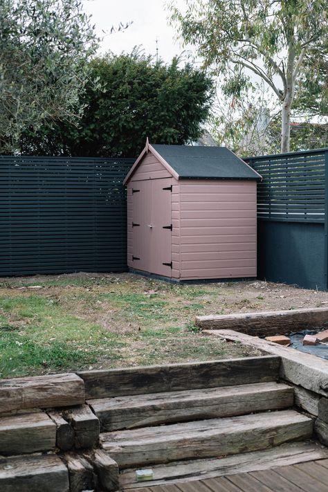 The Garden Before & After 🌿 Cuprinol Sweet Pea, Pink Garden Shed, Painted Sheds Ideas Colour, Shed Paint Colours, Poppy Deyes, Backyard Planters, Cuprinol Garden Shades, Painted Shed, Renovation Process