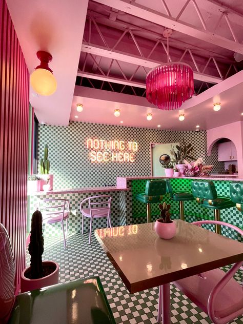 Pink And Green Cafe Interior, Pink And Green Restaurant, Pretty Cafe Interior, Pink And Green Bakery, Girly Restaurant Interior, Retro Store Aesthetic, Cafe Interior Design Colorful, Green And Pink Coffee Shop, Pink Aesthetic Coffee Shop