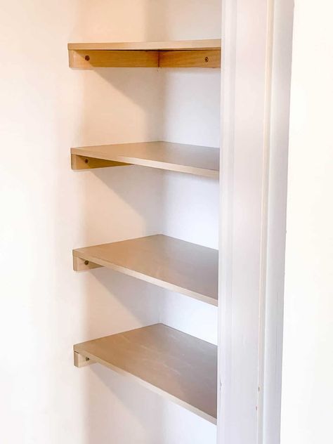 Reclaim that space in the side of your closet! These DIY closet shelves are super easy to make with just a couple of tools! Get your closet organized and get more storage space in that awkward side of your closet! Diy Closet Shelves, Closet Organized, Closet Built Ins, Framing Construction, Simple Closet, Closet Renovation, Storage Cupboard, Toddler Bedroom, House Updates