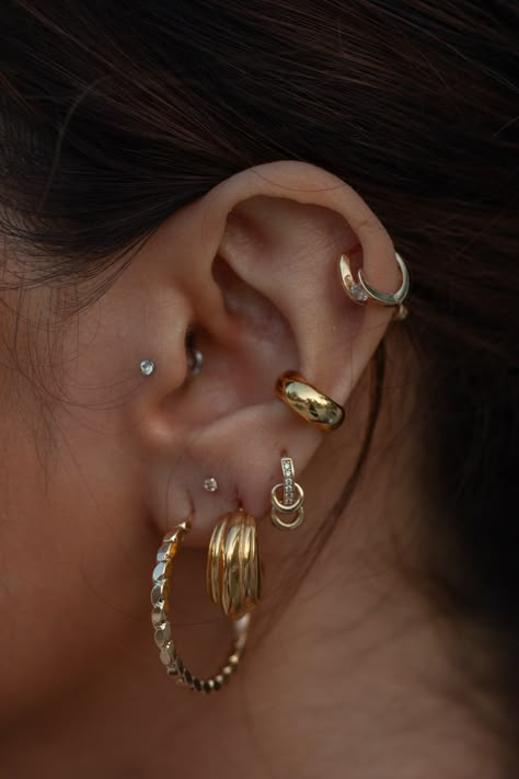 Pin su Products Fashion Ear Piercings, Conch Piercing Hoop Chunky, Conch Piercing Thick Hoop, Hoop Ear Stack, Ear Inspo Gold, Earring Stacks Simple, Mixed Metal Ear Stack, Unique Piercings Ears, Fourth Lobe Piercing