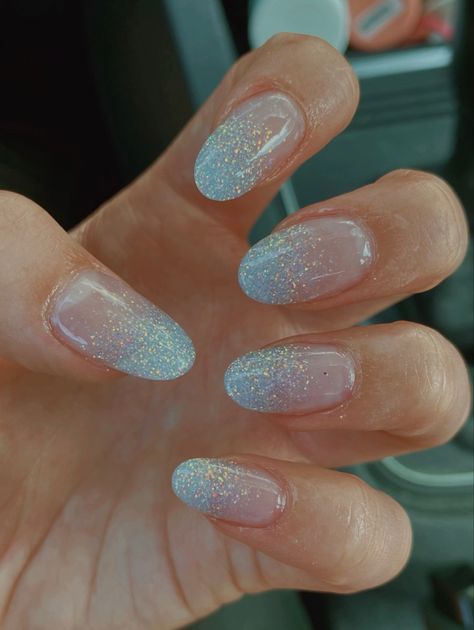 Blue And Sparkle Acrylic Nails, Blue And White Hoco Nails, Light Blue Prom Nail Ideas, Light Blue Nails With Glitter Accent, Blue Sparkly Ombre Nails, Light Blue Nails For Hoco, Light Blue Glitter Ombre Nails, Prom Nails Acrylic Light Blue, Hoco Nails Light Blue