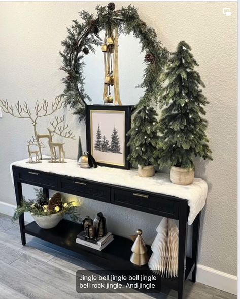 January Entry Table Decor, Accent Pieces For Living Room, Christmas Decor For End Table, Neutral Christmas Entryway Table Decor, Diy Christmas Tabletop Decor, Black Entry Table Christmas Decor, Christmas Bathroom Decor Modern, Christmas Entry Way Decor Ideas, Kitchen Vignettes Decorating Ideas