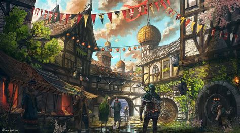 Concept Art Landscape, Medieval Towns, Fantasy Village, Fantasy Town, Fantasy Background, Medieval World, Splash Art, Fantasy City, Art Disney