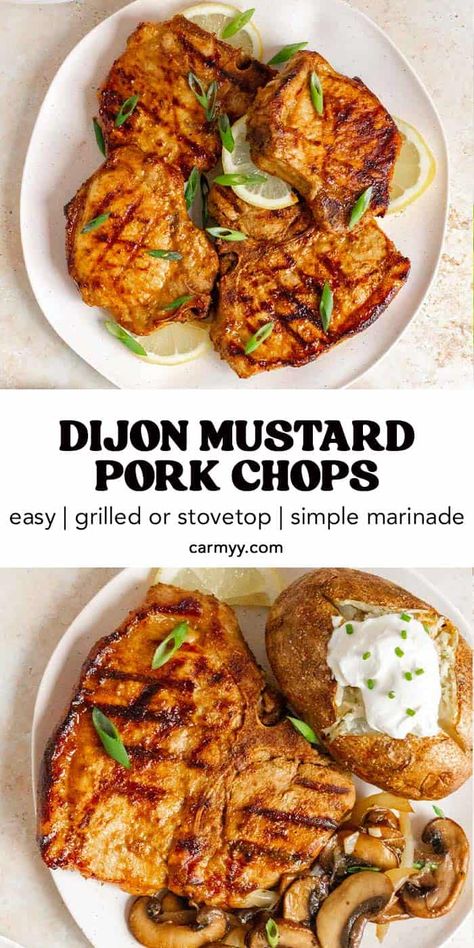 Fire up the grill (or grill pan) and make these Dijon mustard grilled pork chops for your next meal! They’re the perfect balance of sweet and tangy flavors, and they come together in a few simple steps. The marinade is made with a handful of pantry staples, so you can whip this grilled pork chop recipe up any time! Grilled Bone In Pork Chops, Quick Pork Chops, Pork Chop Marinade Recipes, Grilled Pork Chops Marinade, Healthy Pork Chop Recipes, Pork Chop Marinade, Pork Chop Recipes Grilled, Mustard Pork Chops, Pork Chop Recipe