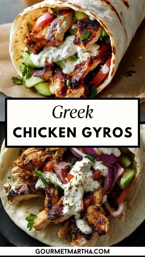 Greek Chicken Pitas Recipes, Chicken And Pita Bread Recipes, Greek Gyros Recipe, Greek Wraps Chicken, Greek Easy Recipes, Greek Chicken Gyros With Tzatziki Sauce, Greek Cuisine Recipes, Chicken Tzatziki Recipes, Gyro Chicken Recipe