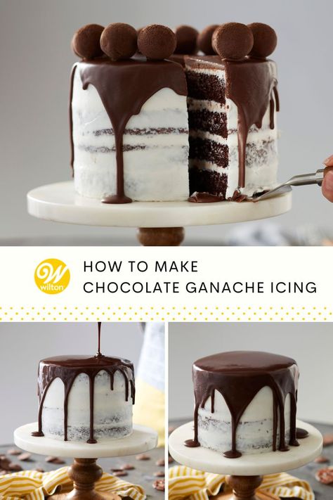 Let this homemade rich creamy chocolate ganache icing drip down the side of a chocolate cake for a decadent treat. Learn how to make ganache using Candy Melts candy or chocolate chips. This easy chocolate ganache recipe will make any dessert stand out! #wiltoncakes #baking #decorating #homemade #rich #creamy #chocolate #ganache #how to #candymeltscandy #icing Easy Ganache, Easy Chocolate Ganache Recipe, Using Candy Melts, Icing Drip, Easy Chocolate Ganache, Chocolate Ganache Icing, Ganache Icing, Chocolate Ganache Recipe, Chocolate Ganache Cake