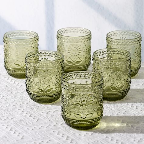 PRICES MAY VARY. 🌻Pretty Vintage Drinking Glassware🌻-- Transport yourself to a botanical wonderland with our set of 6 vintage-style embossed glass cups, adorned with stunning plant motifs that will capture your imagination and elevate your sipping experience to new heights. 🌻Quality Made🌻-- Crafted from premium quality glass, these exquisite glass drinking cups are designed to hold 12oz of your favourite beverage, whether it's a refreshing glass of iced tea or your morning cup of coffee. 🌻E Soda Lemonade, Kitchen Glassware, Glass Cup Set, Lemonade Cocktail, Vintage Drinking Glasses, Glassware Drinking, Green Glassware, Drinking Cups, Glasses Drinking