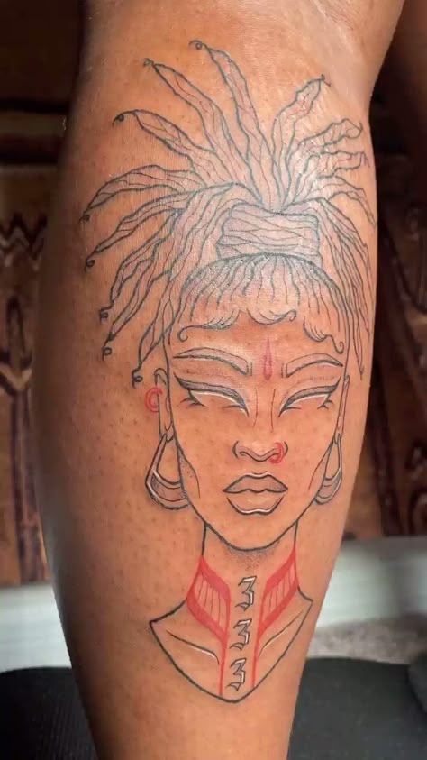 Black Women With Tattoos, Ways Tattoo, African Queen Tattoo, Earthy Tattoos, Tattoo Portrait, Queen Tattoo, Black Girls With Tattoos, Tattoos For Black Skin, Red Ink Tattoos