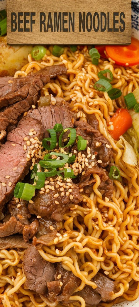 Quick and Easy Beef Ramen Noodles.  A flavorful stir-fry loaded with tender beef, fresh veggies, and savory noodles. Perfect for a fast weeknight dinner! Rice Noodles And Beef, Flank Steak Ramen, Easy Beef Ramen, Beef Ramen Stir Fry, Savory Noodles, Steak Ramen, Beef Ramen Noodle Recipes, Roman Noodles, Beef Ramen Noodles