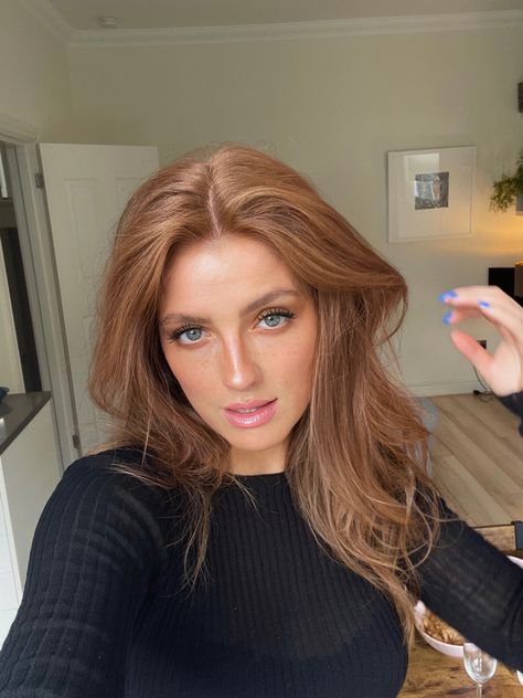 Hair Inspo Color Blue Eyes, Caramel Brown Hair Blue Eyes, Copper Hair And Blue Eyes, Red Hair With Blue Dress, Cowboy Copper Hair Blue Eyes, Light Copper Hair Pale Skin, Caramel Hair Blue Eyes, Copper Hair Pale Skin Brown Eyes, Ginger Hair Pale Skin Blue Eyes