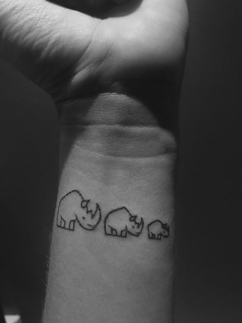 Baby Rhino Tattoo Tiny Rhino Tattoo, Cute Rhino Tattoo, Small Rhino Tattoo, Rhino Tattoo Ideas, Rhino Tattoo, Baby Rhino, Leg Sleeve Tattoo, Dad Tattoos, Leg Sleeve