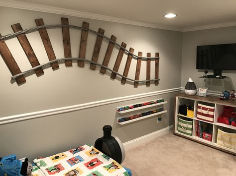 Train Bedding For Boys, Trains Planes And Automobiles Bedroom, Steam Train Bedroom, Train Station Bedroom, Train Shelf Around Room, Thomas The Train Bedroom Ideas, Thomas The Train Bedroom, Train Toddler Room, Train Room For Boys