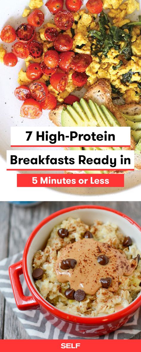 These healthy high-protein breakfasts take less than 5 minutes to make and can be taken on the go if you're running late for work! Try the oats with egg whites for a sweet treat of a breakfast that the kids will enjoy too! Healthy Breakfast On The Go Protein, Healthy Protein Breakfast On The Go, High Protein And Fat Breakfast, Paleo Protein Breakfast Ideas, Protein Heavy Breakfast Ideas, Fast Easy High Protein Breakfast, High Protein Breakfast For Diabetics, High Protein Breakfast Not Eggs, Proteins For Breakfast