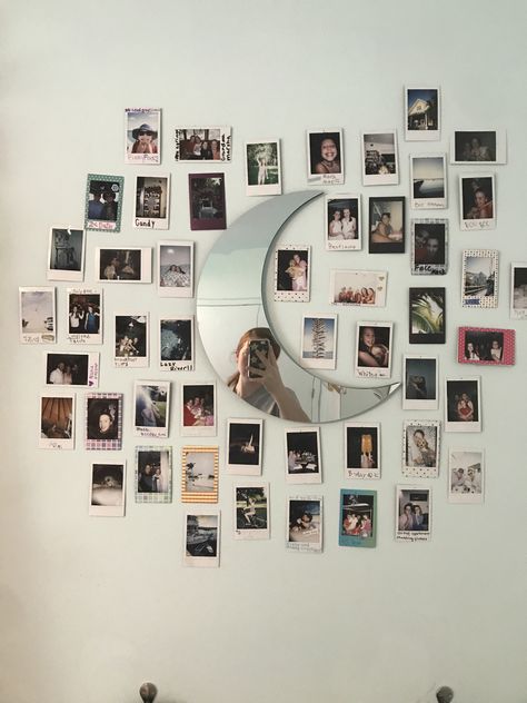 moon mirror with photos polaroid wall mirror aesthetic room artsy Polaroid Bedroom Ideas, Polaroid Aesthetic Room Decor, Polaroid Wall Aesthetic Bedroom, Polaroid Wall Aesthetic, Photo Wall With Mirror, Polaroid Mirror, Bedroom Ideas Polaroid Picture Walls, Instax Photos Ideas Room Decor, Moon Aesthetic Room