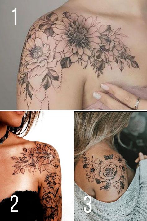 Blooming Shoulder Flower Tattoo Ideas - tattooglee Shoulder Flower Tattoo, White Flower Tattoos, Black And White Flower Tattoo, Feminine Shoulder Tattoos, Front Shoulder Tattoos, Shoulder Cap Tattoo, Shoulder Sleeve Tattoos, Flower Shoulder Tattoo, 16 Tattoo