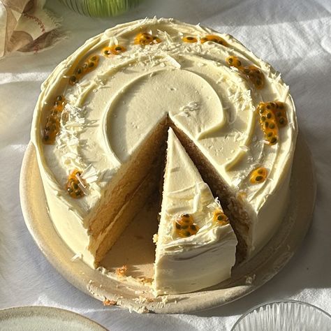 Passion Fruit and White Chocolate Cake Recipe | Recipes from Ocado Layer Cakes, Chocolate Passionfruit Cake, White Chocolate Cake Recipe, Passion Fruit Cake, White Chocolate Buttercream, White Chocolate Cake, Cake Inspo, Spring Celebration, Cake Videos