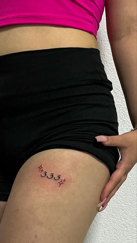 Cute 333 Tattoo, Red 333 Tattoo, 444 Above Knee Tattoo, 444 Tattoo Collarbone, 333 Neck Tattoo, 333 Tattoo Design, Baddies Tattoos, 333 Angel Number Tattoo Ideas, 333 Tattoos