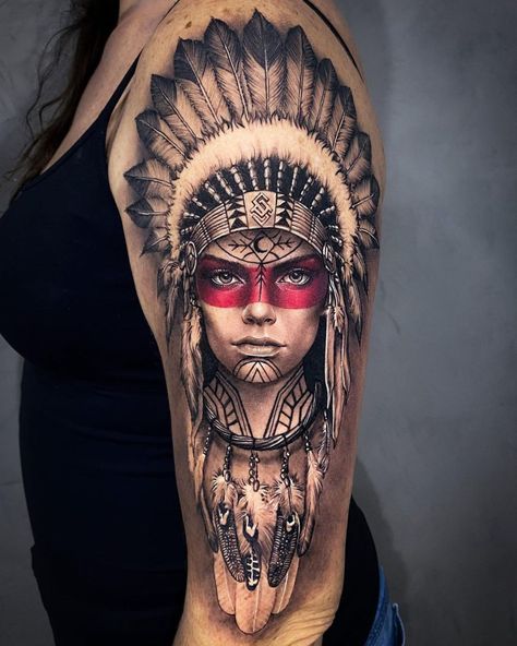 Indian Women Tattoo, Native Indian Tattoos, Indian Girl Tattoos, Native American Tattoo Designs, Indian Tattoo Design, Headdress Tattoo, Tato Tradisional, Native American Tattoo, American Indian Tattoos