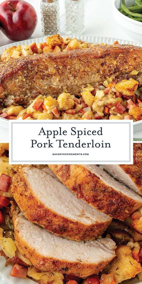 Apple Spiced Pork Tenderloin is a pork recipe uses aromatic spices and an apple jelly glaze with apple and ham stuffing, all in one pan! Pork Tenderloin With Stuffing Recipes, Apple Pork Tenderloin Oven, Pork Loin Recipes With Apples, Apple Pork Roast Recipes, Dinner Ideas Pork Tenderloin, Apple And Meat Recipes, Apple Pork Tenderloin Recipes, Pork Apple Recipe, Pork Tenderloin With Apples And Onions