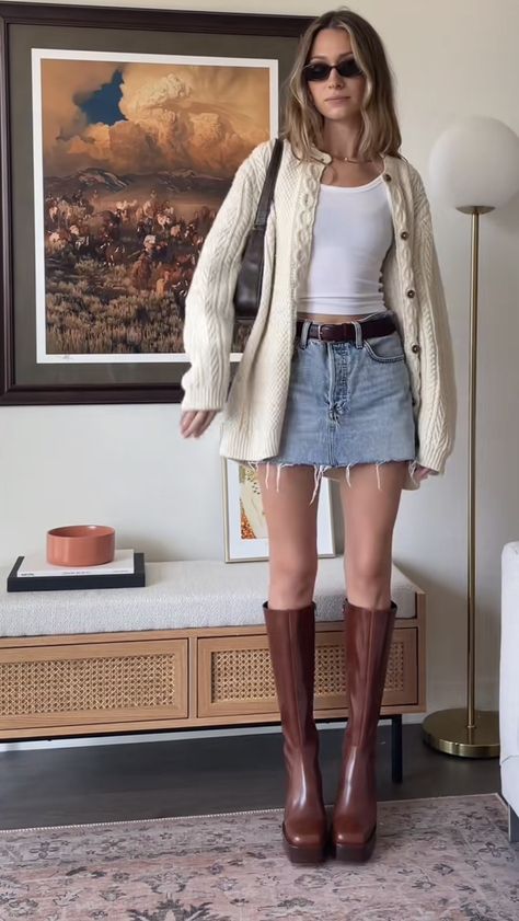 Late 20s Fall Fashion, New Style Outfits For Women, Fall Dresses With Tall Boots, Cottegcore Fall Outfits, Platform Doc Boots Outfit, Black Skirt And Black Boots Outfit, Whimsical Style Outfits Casual, Fall Outfits With Western Boots, Denim Shorts And Boots Outfit Fall