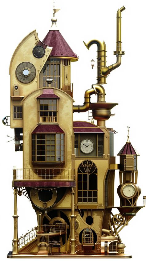 #SurrealSteampunkHouse #PopArt #GoldAndBurgundy #WhiteBackground #9:16AspectRatio #TheCandie Steampunk Architecture Concept Art, Steampunk Building Concept Art, Steampunk House Exterior, Steam Punk House, Steampunk Birdhouse, Steampunk Concept Art, Steampunk Village, Steampunk Building, Steampunk Door