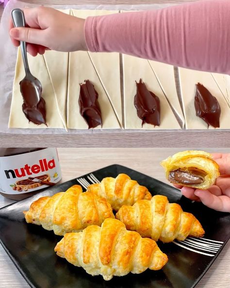 These Nutella puff pastry croissants offer a delectable blend of flaky pastry and creamy Nutella, making them an irresistible treat for any time of day. The puff pastry provides a ... Read more Puff Pastry And Nutella Recipes, Puff Pastry With Nutella, Puff Pastry Croissants, Croissant Nutella, Puff Pastry Croissant, Puff Pastry Chocolate, Puff Pastry Snacks, Nutella Croissant, Nutella Puff Pastry