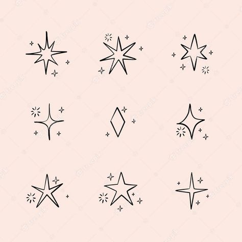 Free Vector | Hand drawn sparkling star collection Simple Stars Drawing, Doodle Stars Hand Drawn, Stars Drawn Aesthetic, Funky Star Drawing, Drawn Star Tattoo, Stars Hand Drawn, Sparkle Outline Tattoo, Twinkly Star Tattoo, Sparkle Tattoo Sleeve Filler