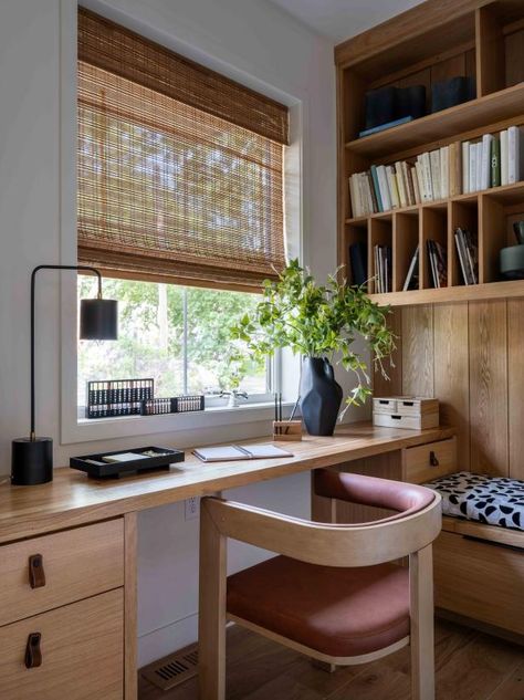 Writing Desk In Front Of Window, Desk Area Next To Bed, Round Desk Ideas, Desk With Window Above, Wall Shelves Over Desk, Desk Between Windows, Diy Built In Around Window, Under Window Desk, Desk Window Ideas