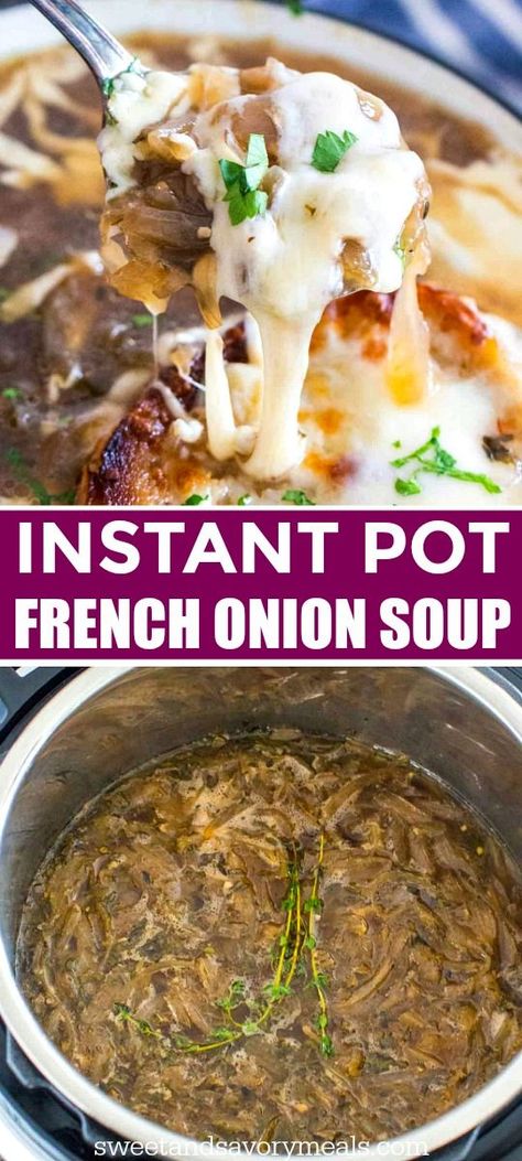 Instant Pot French Onion Soup is a restaurant quality soup, easily and comfortingly made at home. It is loaded with caramelized onions, beef broth, and topped with Gruyere cheese, for the perfect finish! #sweetandsavorymeals #instantpot #pressurecooker #souprecipes #easyrecipes Instant Pot French Onion Soup, French Onion Soup Recipe, Onion Soup Recipes, French Recipes, French Baguette, Instant Pot Soup, Gruyere Cheese, Instant Pot Dinner Recipes, Fall Food