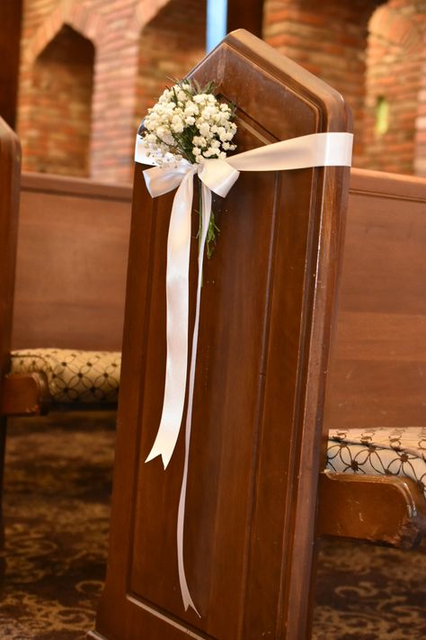 A simple pew marker for a beautiful white wedding. Church Pew Wedding Decorations, Blessings Bags, Church Pew Wedding, Pew Marker, Variegated Ficus, Church Pew Decorations, Wedding Pew Decorations, October Weddings, Wedding Church Aisle