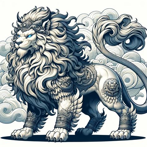 Haetae Korean, Kore Greek Mythology, Japanese Gods Mythology, Korean Mythology Creatures, Chinese Mythology Creatures, Japan Mythical Creatures, Korean Mythology, Lion Family, Mystical Animals