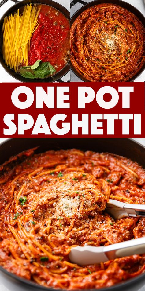 One Pot Spaghetti and Meat Sauce - a quick weeknight version of classic homemade spaghetti that is made in one pot and tastes like it's been cooking all day! Best One Pot Spaghetti Recipe, Spaghetti Recipes One Pot, Spaghetti Cooked In Sauce, Italian Spaghetti Sauce Recipes, One Pot Creamy Spaghetti, 1 Pot Spaghetti Ground Beef, Pan Spaghetti Recipes, Basic Spaghetti Sauce, Ninja Foodie Spaghetti