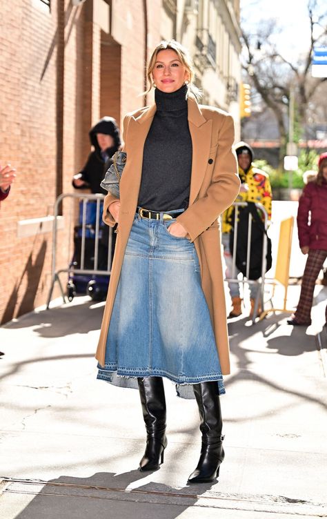 Dirndl, Blazer And Midi Skirt Outfits, Lunch Fall Outfit, Long Denim Skirt Cowboy Boots, Styling Midi Denim Skirt, Flared Denim Skirt Outfit, Denim Maxi Skirt Outfits, Long Skirt Jeans Outfit, Long Jean Skirt Outfits Fall