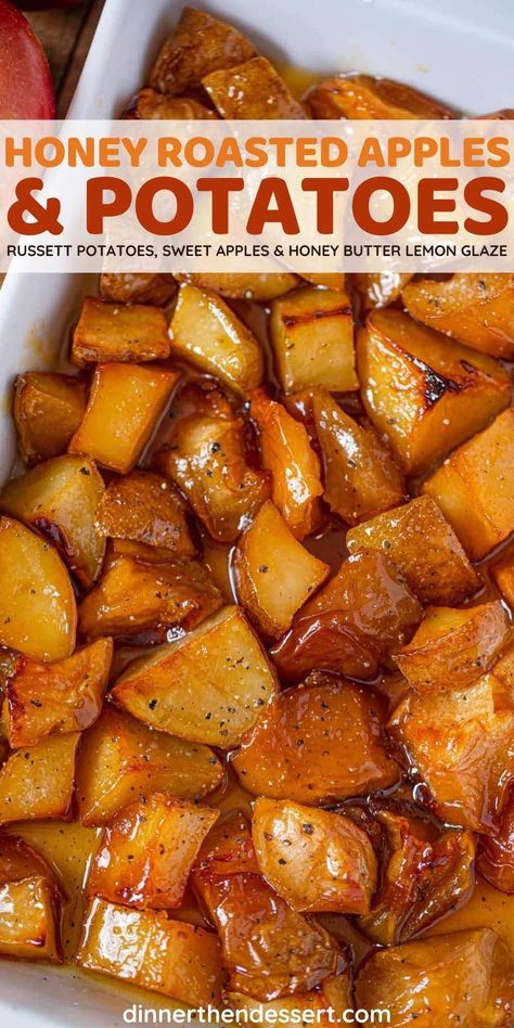 Honey Roasted Apples and Potatoes are an easy, delicious side dish. Baked sweet potatoes and apples with a honey bourbon glaze topped with chopped pecans. #dinner #sidedish #potatoes #apples #vegetables #honeyroasted #dinnerthendessert Apple Dinner Recipes, Honey Roasted Sweet Potatoes, Sweet Potatoes And Apples, Apple Dinner, Potatoes And Apples, Honey Bourbon, Roasted Red Potatoes, Roasted Apples, Side Dishes For Chicken