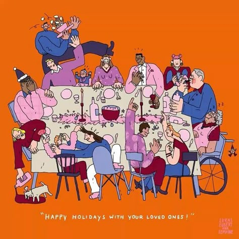 Lukas Eggert on Instagram: "Illustration for @semaine_online Issue 02. Have great holidays with your family and your loved ones 🥂🙏🎄❤️( even if it’s sometimes “special”🤓😅) . #holiday #christmas #dinner #family #happy #people #love #food #life #fun #relax #illustration #animation" Family Gathering Illustration, Family Dinner Illustration, Christmas Dinner Illustration, Happy People Illustration, Family Love Illustration, People In Restaurant, Gathering Illustration, Faith Graphics, Christmas Dinner Family