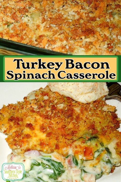 Turkey Bacon Spinach Casserole Oven Casserole Recipes, Turkey Bacon Recipes, Spinach Casserole Recipes, Turkey Spinach, Bacon Dinner, Favorite Casserole Recipes, Bacon Casserole, Recipe Folder, Turkey Leftovers