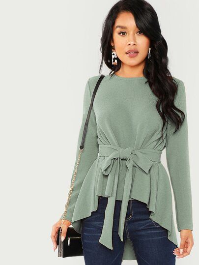 Free Returns ✓ Free Shipping On Orders $49+ ✓. Dip Hem Belted Top- Blouses at SHEIN. Asymmetrical Hem Top, Laced Up Shirt, Belt Top, Hijab Styles, Fashion Tops Blouse, Peplum Blouse, Spring Shirts, Fashion Winter, Fashion Tops