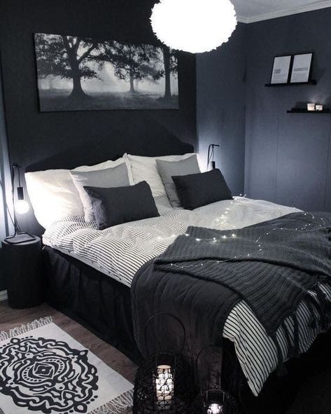 #bedroomideas  #decoratingideas #decor #aestheticdecor #aesthetic #decorideas #bedroom #bedroomdecor #bedroomideas Black And White Bedroom, Mens Bedroom Decor, Black Bedroom Design, Black Bedroom Decor, Grey Room, Black Bedroom, Bedroom Black, Bedroom Color Schemes, Teen Bedroom Decor