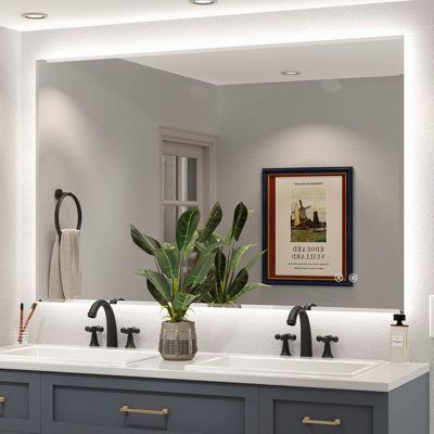 LED bathroom round mirror is modernly designed with frameless frosted edges, not only gently shining on your beautiful face, but also adding artful details to your space. Size: 32" x 40" | Latitude Run® Bathroom LED Backlit Mirror for Wall Mounted, Bathroom Vanity Mirror w / Anti-Fog Dimmable, Size 32.0 H x 40.0 W x 1.57 D in | Wayfair Modern Farmhouse Bathroom Lighting, Led Backlit Mirror, Backlit Bathroom Mirror, Horizontal Mirrors, Bathroom Led, Mounted Bathroom Vanity, Wall Mounted Bathroom Vanity, Mirror For Wall, Vanity Wall Mirror