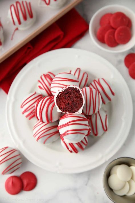 Red Velvet Truffles with Cake Mix | Dessert Now Dinner Later Valentines Cakes And Cupcakes, Valentines Day Dessert, Red Velvet Truffles, Valentines Desserts, Valentines Recipes Desserts, Red Desserts, Dessert Truffles, Red Velet, Dessert To Make