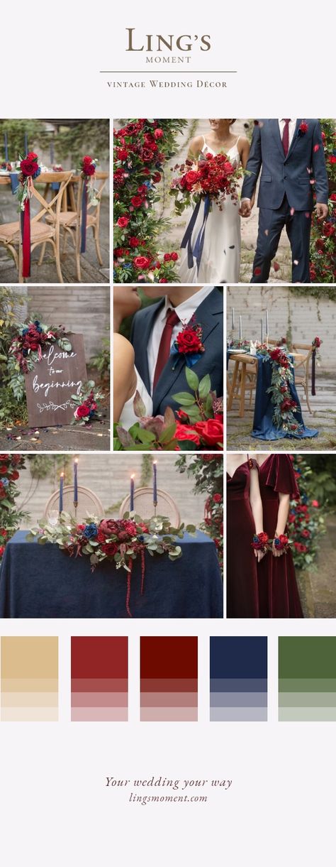 Slate Blue And Red Wedding, Blue Red Gold Wedding Theme, Red And Blue Centerpieces Wedding, Red Blue Black Wedding, Navy Blue And Red Wedding Theme Colour Schemes, Midnight Blue And Red Wedding Theme, Indian Wedding Decor Color Schemes, Red Black Royal Blue Wedding Theme, Red Blue And Green Wedding