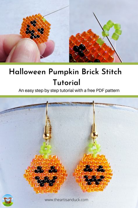 Beginner Brick Stitch Earrings, Diy Beaded Pumpkin, Beaded Jewelry Halloween, Pumpkin Bead Pattern, Brick Stitch Halloween Patterns, Bead Brick Stitch Tutorials, Brick Stitch Patterns Free, Fall Beading Ideas, How To Brick Stitch