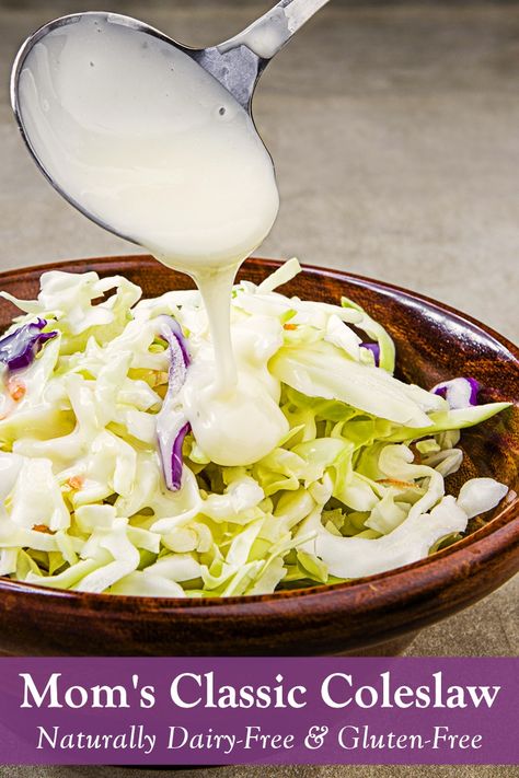 Classic Coleslaw Recipe, Classic Coleslaw, Dairy Free Dressing, Winter Side Dishes, Food Sandwiches, Vegan Potluck, Vegan Coleslaw, Slaw Dressing, Shredded Cabbage