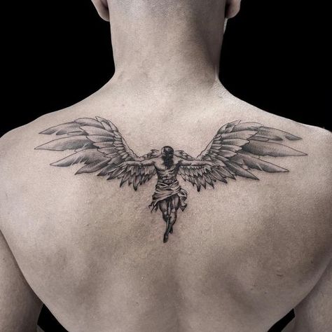 Angel On Back Tattoo, Shoulder Blade Tattoo For Guys, Back Angel Tattoo, Back Tattoos For Guys Upper, Angel Back Tattoo, Guardian Angel Tattoo Designs, Lower Stomach Tattoos, Sketch Tattoos, Shoulder Blade Tattoo