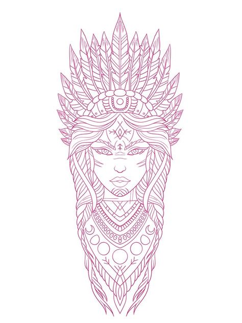 Native Tattoo Design, Indian Princess Tattoo, Native American Tattoo Drawings, Stencil Outline Tattoo, Native Indian Tattoos, Indian Girl Tattoos, India Tattoo, Native American Tattoo Designs, Indian Tattoo Design