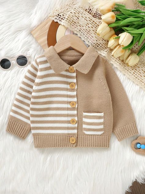 Camel  Collar Long Sleeve Knitwear Striped  Embellished Medium Stretch  Baby Boys Clothing Tulum, Baby Boy Outfits, Baby Boy Cardigan, Boys Cardigans, Button Front Cardigan, Boys Clothing, Baby Wearing, Stripes Pattern