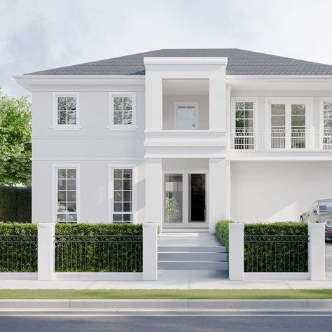 Modern Hamptons Facade, Modern French Provincial Home, Front Elevation Designs Modern, Hampton Style House, Home Front Elevation, Hamptons House Exterior, Hamptons Style Homes, Georgian Style Homes, Modern Hampton