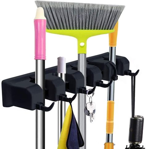 AmazonSmile: Mop and Broom Holder Wall Mount - CINEYO - Heavy Duty Broom Holder Wall Mounted or Tool Organizer For Home Garden Garage And Storage (5 Positions with 6 Hooks) (Black) : Tools & Home Improvement Mop And Broom Holder, Broom Storage, Kitchen Tools Organization, Garden Tool Organization, Mop Holder, Garden Garage, Broom Holder, Garage Storage Systems, Mops And Brooms