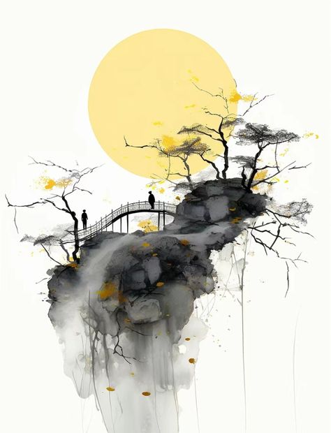 Japanese Ink Painting Landscape, Ink Painting Ideas, Water Paint Art, Asian Artwork, Japanese Ink Painting, Zen Painting, Water Paint, Chinese Landscape Painting, Japanese Drawings