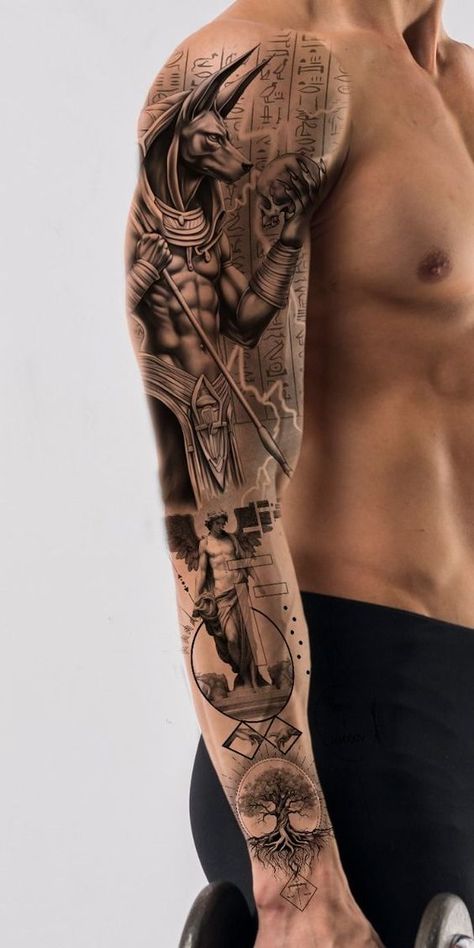 Realistic Tattoo Design For Men, Greek Angel Tattoo, Greek Tattoos For Men, Tattoo Arm Mens, Anubis Tattoo Design Ideas, Egypt Tattoo Design Ideas, Tatoos Men Ideas, Anubis Tattoo Design, Wanted Tattoo